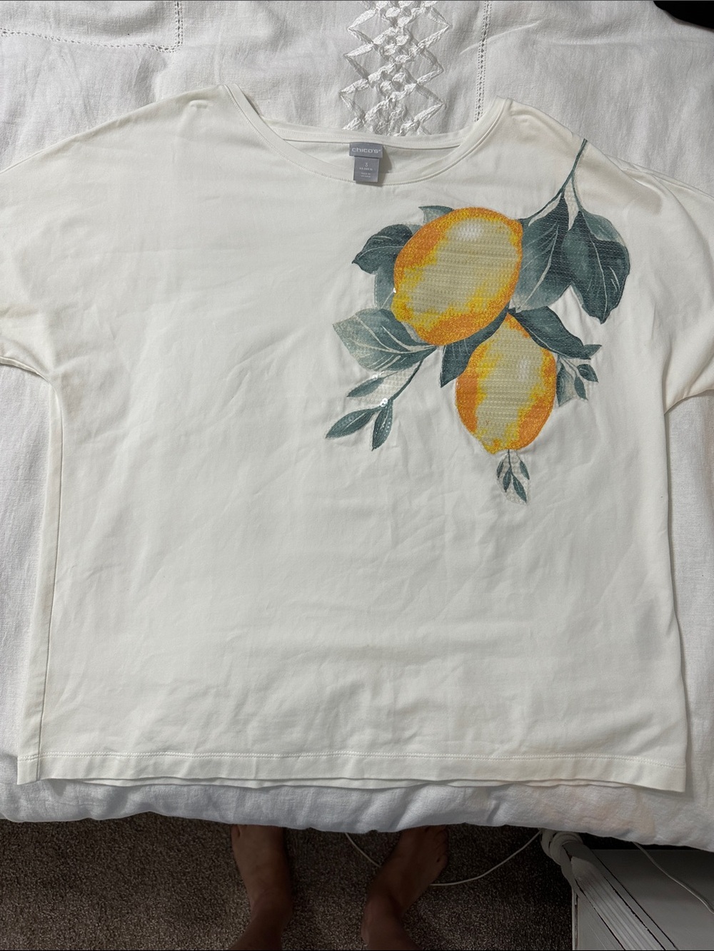 Chico's Cream Short Sleeve Tee with Yellow Lemon Motif